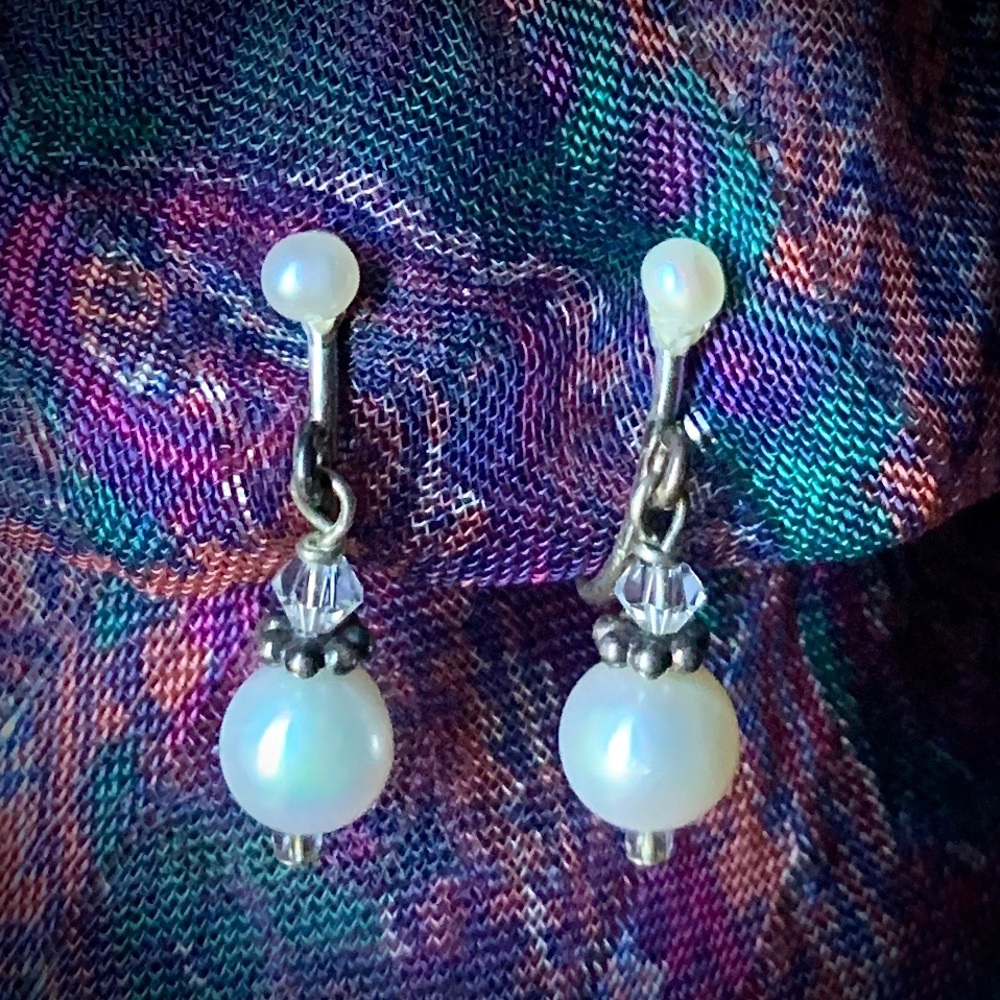 Vintage Pearl crystal sterling silver screw back earrings